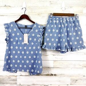 Emery Rose NEW Blue & White Gingham Daisy Ruffle Top & Shorts Set Womens Size‎ M